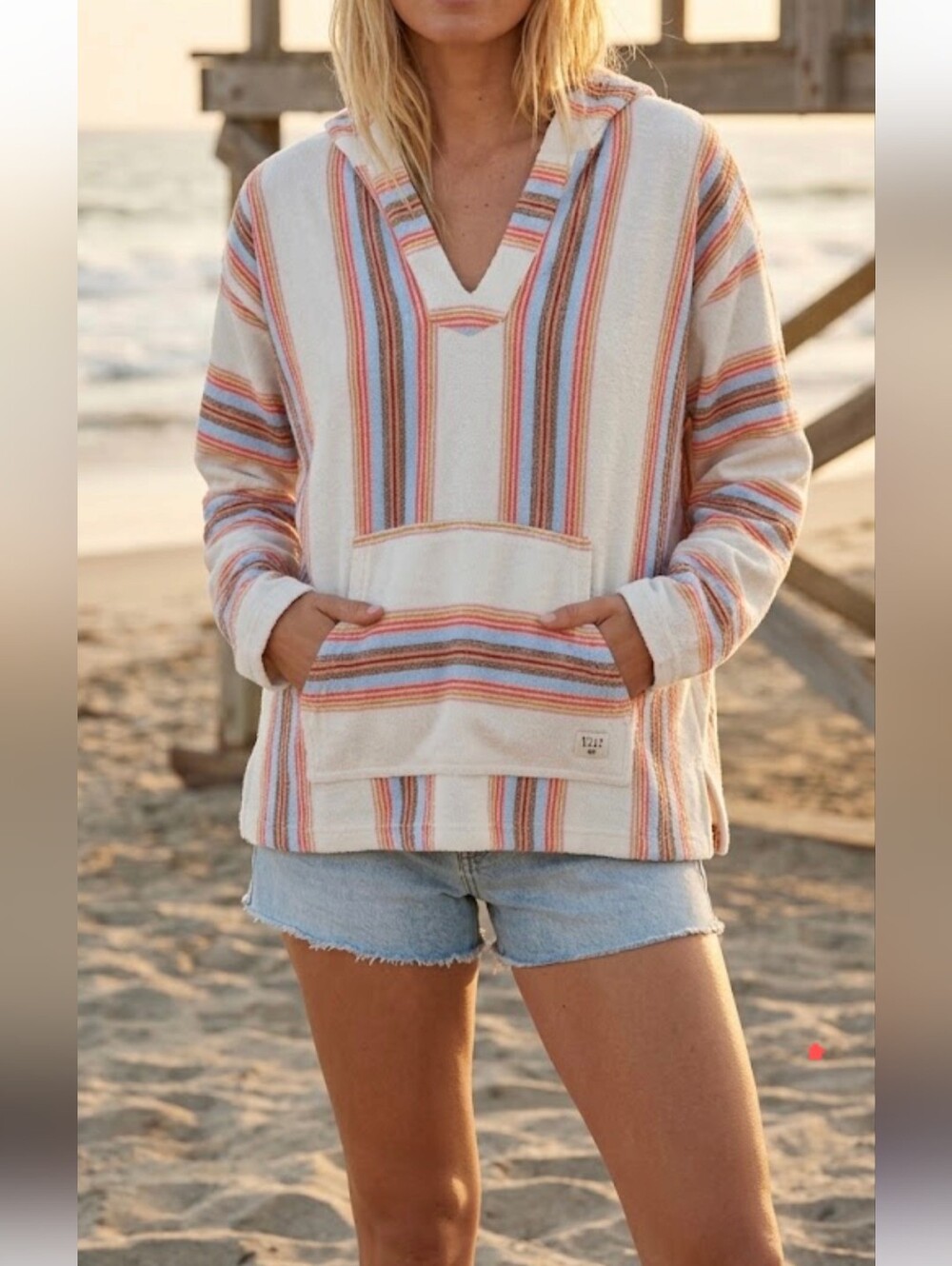 Billabong Striped Hooded V-Neck Pullover Woman's Sz M.